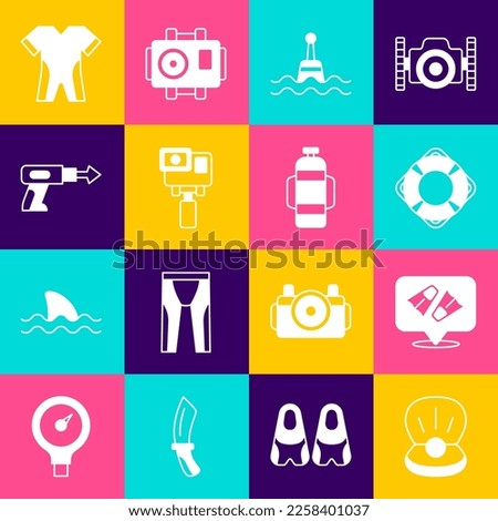 Set Pearl, Flippers for swimming, Lifebuoy, Floating, Action extreme camera, Fishing harpoon, Wetsuit scuba diving and Aqualung icon. Vector