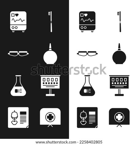 Set Enema, Safety goggle glasses, Monitor with cardiogram, Toothbrush, Test tube and flask, Eye test chart, Nurse hat cross and X-ray shots icon. Vector