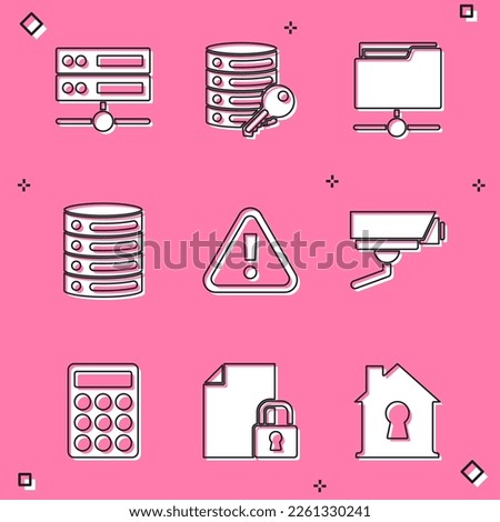 Set Server, Data, Web Hosting, security with key, FTP folder, Exclamation mark triangle, Security camera, Password protection and Document and lock icon. Vector