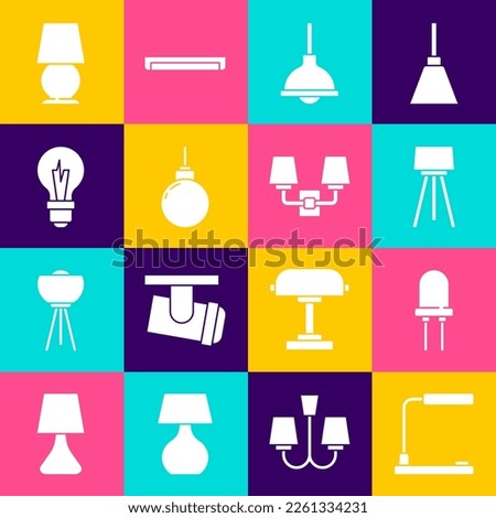 Set Table lamp, Light emitting diode, Floor, Lamp hanging, bulb,  and Wall sconce icon. Vector