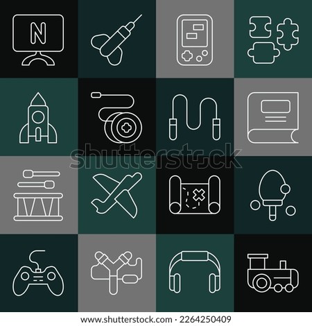 Set line Toy train, Racket, Book, Tetris electronic game, Yoyo toy, Rocket ship, Smart Tv and Jump rope icon. Vector