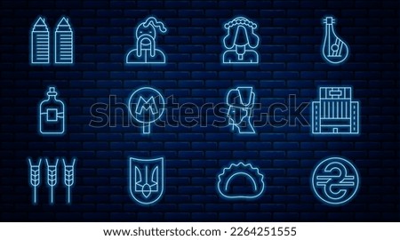 Set line Ukrainian hryvnia, Hotel Ukraina building, woman, Metro or Underground, Bottle of vodka, Two towers Dnipro, cossack and  icon. Vector