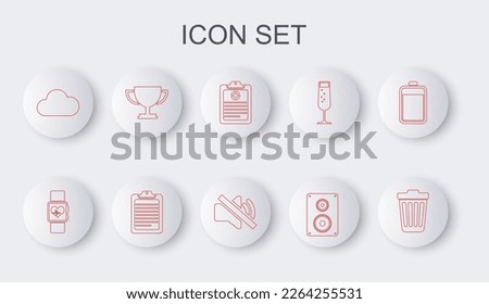 Set line Trash can, Smart watch heart beat rate, Clinical record, Stereo speaker, Cloud, Trophy cup, Clipboard with document and Speaker mute icon. Vector