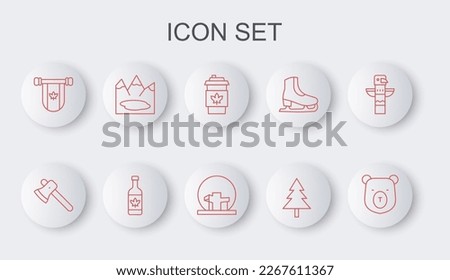 Set line Bear head, Wooden axe, Coffee cup to go, Christmas tree, Pennant Canada, Canadian lake, Beer bottle and Montreal Biosphere icon. Vector