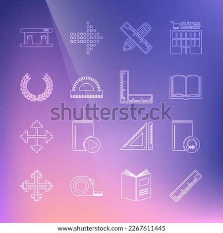 Set line Ruler, Audio book, Open, Crossed ruler and pencil, Protractor grid, Laurel wreath, Gas filling station and Folding icon. Vector