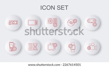 Set line Video camera setting, Blender with bowl, Air conditioner, Smartwatch, Fast payments, Microwave oven, Old hourglass sand and Tv icon. Vector