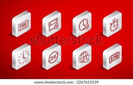 Set line Digital alarm clock, Calendar date delete, Clock, Stopwatch, World time, PM, 24 hours and  icon. Vector