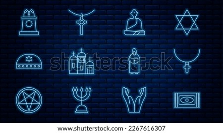 Set line Traditional carpet, Christian cross chain, Buddhist monk, Church building, Jewish kippah with star of david, Stage stand or tribune, Monk and  icon. Vector