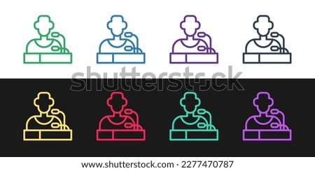 Set line Football player press conference icon isolated on black and white background.  Vector