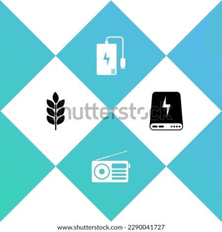 Set Wheat, Radio, Power bank and  icon. Vector