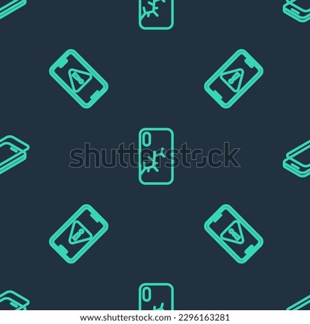 Set line Mobile with broken screen, exclamation mark and Glass protector on seamless pattern. Vector