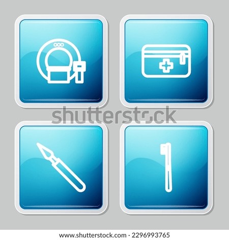 Set line Tomography, First aid kit, Medical surgery scalpel and Toothbrush icon. Vector