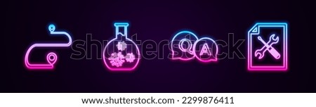 Set line Route location, Test tube with virus, Question and Answer and File document service. Glowing neon icon. Vector