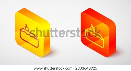 Isometric line Submarine icon isolated on grey background. Military ship. Yellow and orange square button. Vector