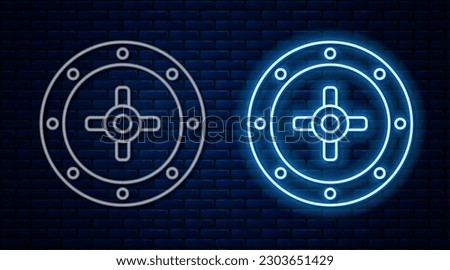 Glowing neon line Safe icon isolated on brick wall background. The door safe a bank vault with a combination lock. Reliable Data Protection.  Vector