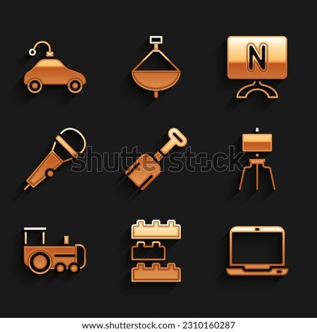 Set Shovel toy, Toy building block bricks, Laptop, Wood easel, train, Microphone, Smart Tv and Radio controlled car icon. Vector