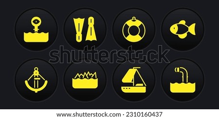 Set Anchor, Fish, Sharp stone reefs, Yacht sailboat, Lifebuoy, Flippers for swimming, Periscope and  icon. Vector
