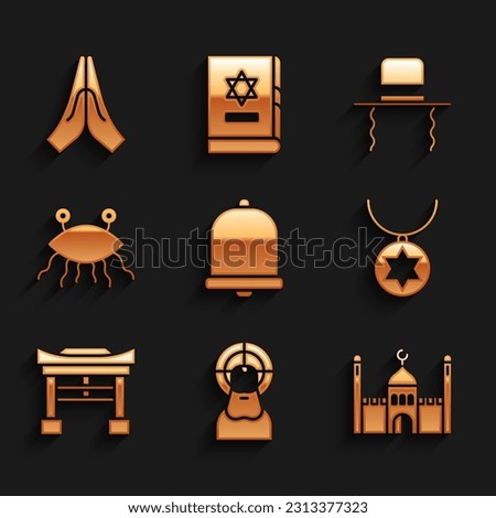 Set Church bell, Jesus Christ, Muslim Mosque, Star of David necklace on chain, Japan Gate, Pastafarianism, Orthodox jewish hat with sidelocks and Hands praying position icon. Vector
