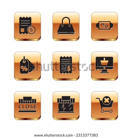 Set Paper check and financial check, Shopping building text closed, or market store, Discount percent tag, Remove shopping cart and Handbag icon. Vector