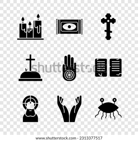 Set Burning candles, Traditional carpet, Christian cross, Jesus, Hands praying position, Pastafarianism, Tombstone with and Jainism or Jain Dharma icon. Vector