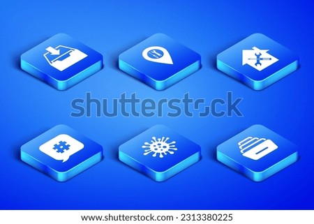 Set Drawer with documents, Download inbox, Bacteria, Hashtag speech bubble, Location service and House icon. Vector