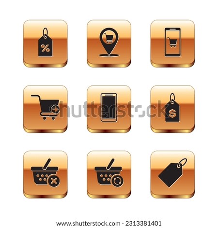 Set Discount percent tag, Remove shopping basket, Refresh, Smartphone, mobile phone, Add to Shopping cart, Mobile and, Label template price and Location icon. Vector