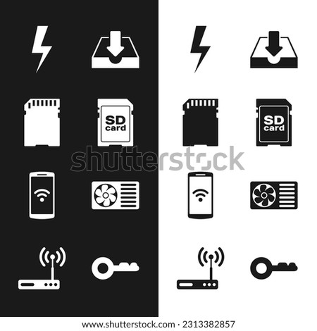 Set SD card, , Lightning bolt, Download inbox, Smartphone with wireless and Air conditioner icon. Vector