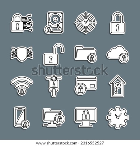 Set line Time Management, Retro wall watch, Cloud computing lock, Open padlock, Cyber security,  and Folder and icon. Vector