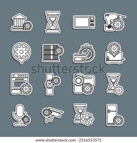 Set line Refrigerator setting, Hourglass, Toaster, Microwave oven, Server, Setting, Bank building and Fast payments icon. Vector