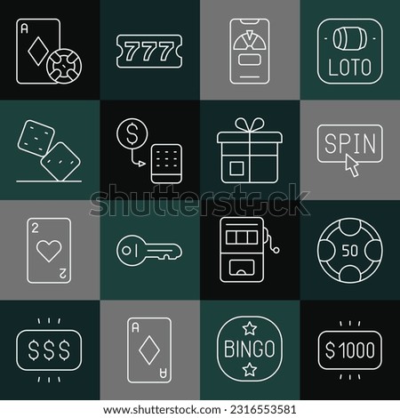 Set line Money prize in casino, Casino chips, Slot machine spin button, Lucky wheel phone, exchange, Game dice, and playing cards and Gift box icon. Vector