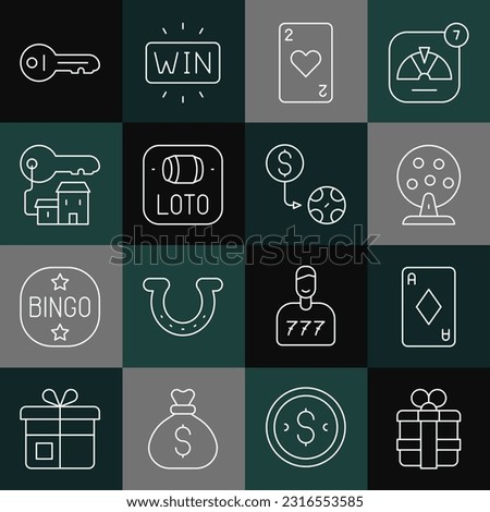 Set line Gift box, Playing card with diamonds, Lottery machine, heart, ticket, Winning house key, Old and Casino chips exchange icon. Vector