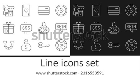 Set line Casino chips, Slot machine spin button, Credit card, Money prize casino, Gift box, Winning house with key, Winner holding ticket and Playing heart icon. Vector