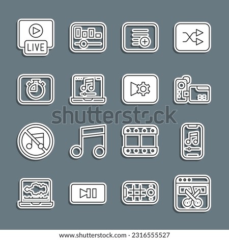 Set line Video recorder or editor, Music player, Cinema camera, Add playlist, Laptop with music, Stopwatch, Live stream and video settings icon. Vector
