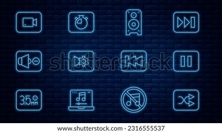 Set line Arrow shuffle, Pause button, Stereo speaker, Music or video settings, Speaker mute, Play, Rewind and Stopwatch icon. Vector