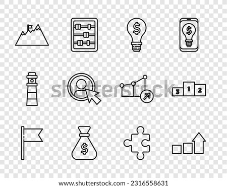 Set line Location marker, Financial growth, Light bulb with dollar, Money bag, Mountains flag, Create account screen, Piece of puzzle and Business podium icon. Vector