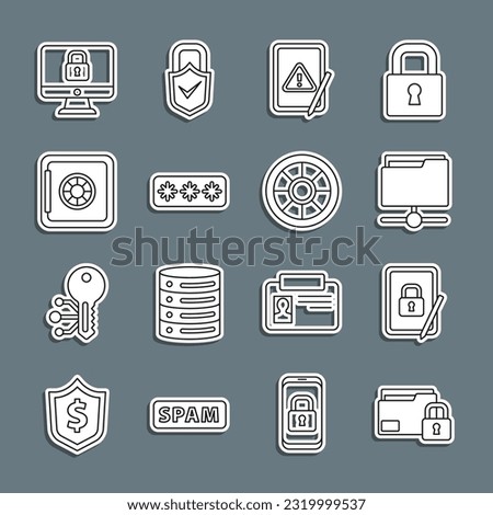 Set line Folder and lock, Tablet with closed padlock, FTP folder, exclamation mark, Password protection, Safe, Lock computer monitor and  icon. Vector