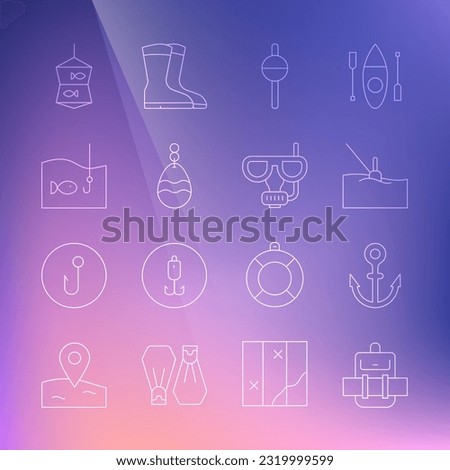 Set line Hiking backpack, Anchor, Fishing float water, spoon, hook with fish, net and Diving mask and snorkel icon. Vector