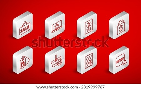 Set line Button with text New, Shopping basket laptop, Paper check and financial check, Shoping bag dollar, Hanging sign Sale, Remove shopping and Price tag icon. Vector