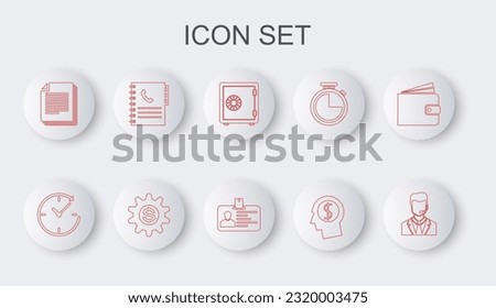 Set line Man with a headset, Clock arrow, Safe, Business man planning mind, Document, Phone book, Gear dollar symbol and Identification badge icon. Vector