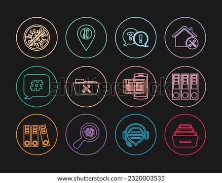 Set line Drawer with documents, Office folders, Question and Exclamation, Folder service, Hashtag speech bubble, Stop virus, bacteria, Smartphone book and Location icon. Vector