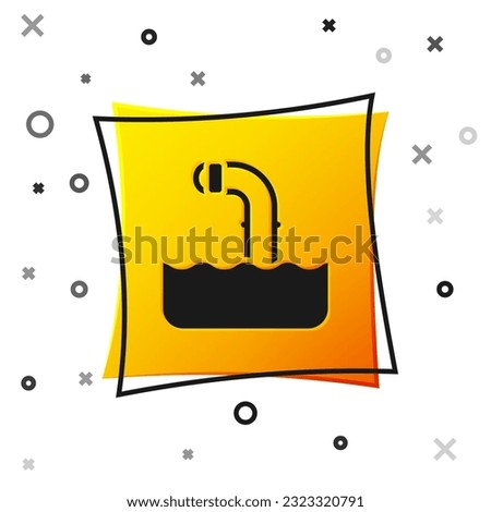 Black Periscope in the waves above the water icon isolated on white background. Yellow square button. Vector