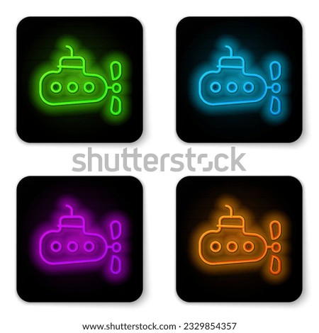 Glowing neon line Submarine icon isolated on white background. Military ship. Black square button. Vector