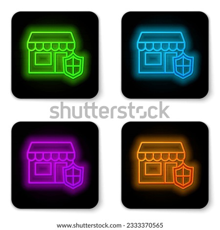 Glowing neon line Shopping building with shield icon isolated on white background. Insurance concept. Security, safety, protection, protect concept. Black square button. Vector