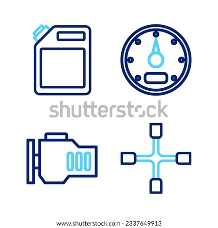Set line Wheel wrench, Check engine, Speedometer and Canister for gasoline icon. Vector