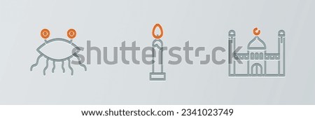 Set line Muslim Mosque, Pastafarianism and Burning candle icon. Vector
