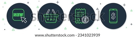 Set line Shopping basket, Paper check and financial check, Button with text New and Smartphone dollar icon. Vector