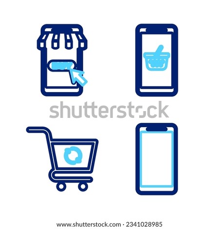 Set line Smartphone, mobile phone, Refresh shopping cart, Mobile and basket and  icon. Vector