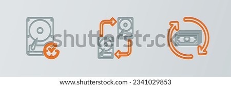 Set line Refund money, Hard disk drive with clockwise and Data exchange hhd icon. Vector