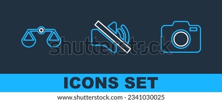 Set line Photo camera, Scales of justice and Speaker mute icon. Vector