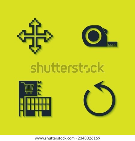 Set Pixel arrows in four directions, Refresh, Mall or supermarket building and Roulette construction icon. Vector